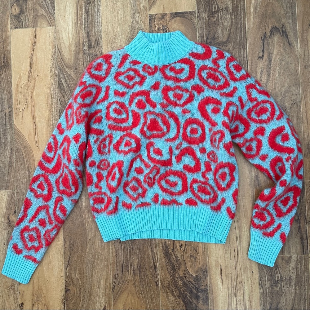 NWT Anthropologie Essentiel Antwerp Jacquard Turtleneck Sweater Small Blue Red